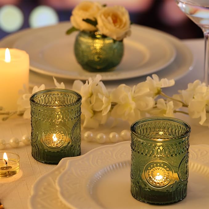 DARJEN 48Pcs Green Votive Candle Holders- Glass Candle Holders Bulk for Flameless LED Tea Waxes, Romantic Candle Holder for Wedding Decor, Various Parties & Dinner Table