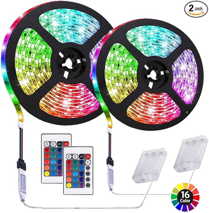 6.56 feet Battery Powered LED Strip Lights, DIY Indoor and Outdoor Decoration, Waterproof, 24 Keys Remote, 2 Pack