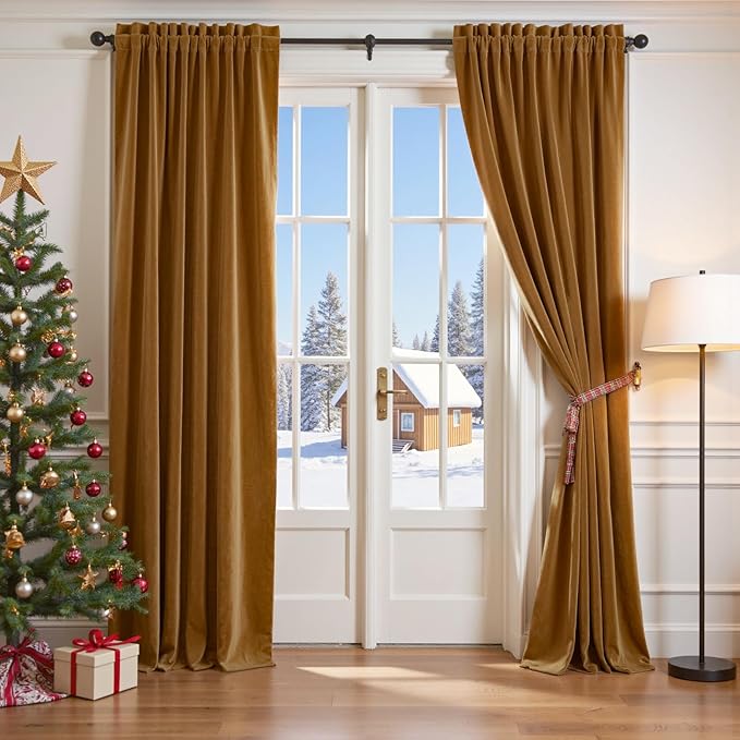 Lazzzy Velvet Blackout Curtains Thermal Insulated Room Window Drapes Super Soft Luxury Curtains for Living Room Bedroom Rod Pocket 2 Panels, Gold Brown, 52" W x 102" L