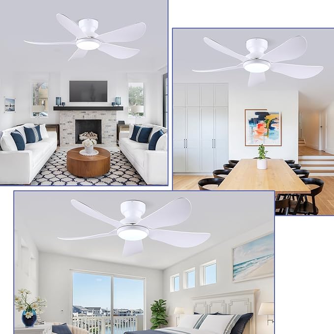 46 Inch Modern Ceiling Fans with Lights, Flush Mount Ceiling Fan with Light and Remote/APP Control, 5 Reversible 6 Speeds Curved Blades, 3 CCT Dimmable Lights for Bedroom, White
