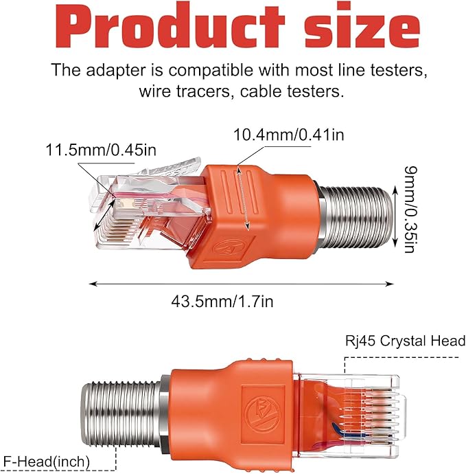Coax to Ethernet Adapter 2PCS F-Type Female to RJ45 Male Coaxial Converter, Orange F Female-to-RJ45 Male Ethernet Adapter, Coax-Straight Connector Coaxial Coupler Coax Straight Connector