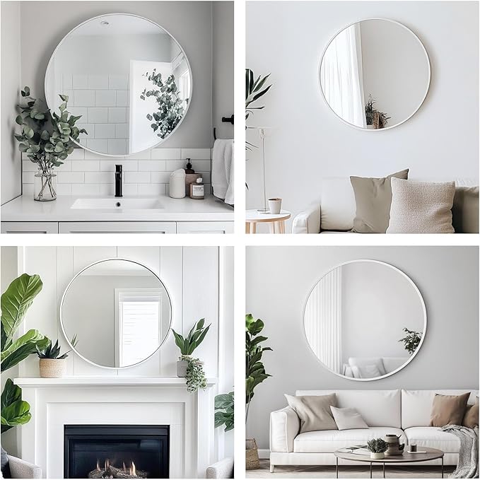 White Round Mirror, White Round Mirror 24 inch, Circle Bathroom Mirrors Metal Frame, Circle Mirrors for Wall, Bathroom, Over Sink, Living Room, Vanity.