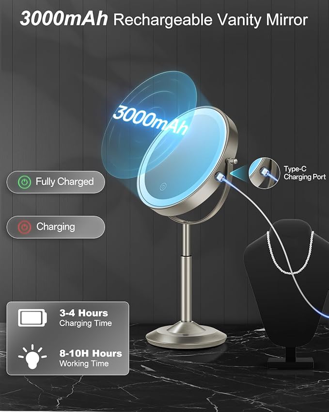 Makeup Mirror with Lights, 1X/30X Lighted Magnifying Mirror Height Adjustable, 3000mAh Rechargeable Double Sided Vanity Mirrors with 3 LED Lighting and Adjustable Brightness for Desk Women Gift