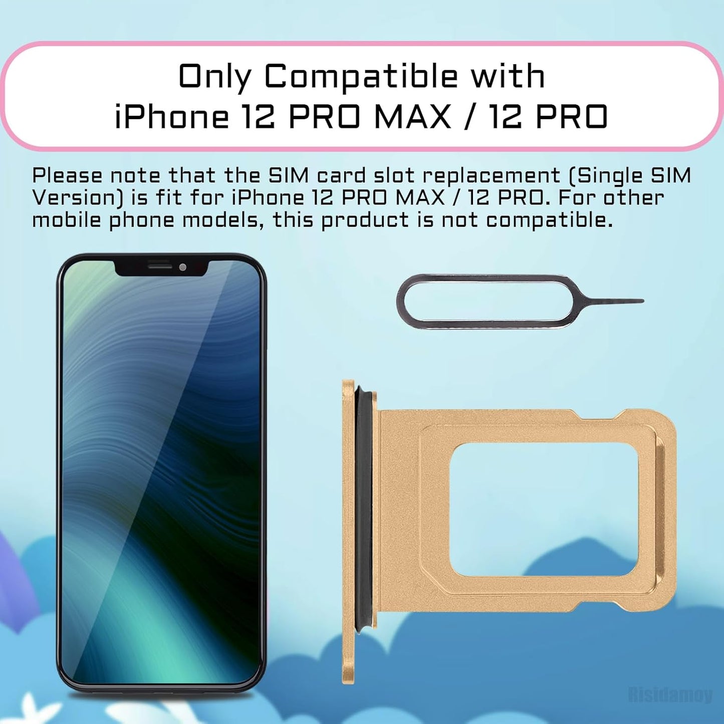 iPhone 12 Pro Max Gold Single SIM Card Tray Holder Adapter, SIM Card Slot Replacement for iPhone 12 Pro with Waterproof