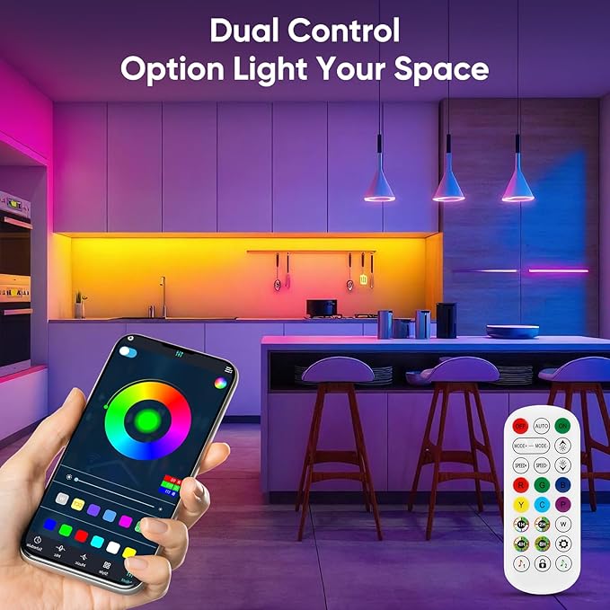 Led Lights for Bedroom, IC+RGB 65.6FT Strip Lights, 24Key Remote with App Control, Music Sync Color Changing for Room Decor Party