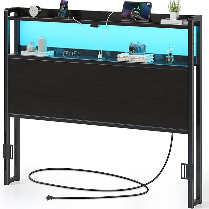 Rolanstar Headboard for Full Size Bed with Storage, 60,000 DIY Color of LED Light, Head Board with USB & Type C Port, Height Adjustable, Black Cabeceras de Cama Comfortable Modern, Wood