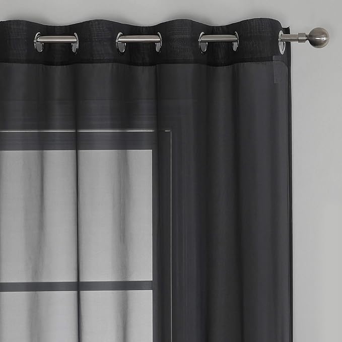 KEQIAOSUOCAI Patio Door Sheer Curtain Panels - 108 inch Length Ceiling to Floor Extra Long Voile Drape Curtains Window Treatment for Sliding Glass Door (Jet Black,2 Pieces,W 54 x L 108 inches Long)