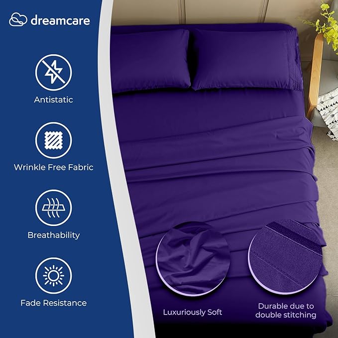 DREAMCARE California King Sheet Sets – 4 pcs Cooling Sheets – up to 21” Deep Cal King Sheets – Hotel Luxury Sheets & Pillowcases – Superior Softness 100% Fine Microfiber with Side Pocket – Purple
