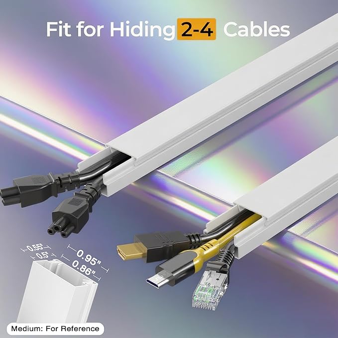 113.4in Cord Hider Kit, Cord Covers for 2-4 Wires on Wall, Self-Adhesive Cable Hider Wire Covers for Cords on Wall, Paintable Cord Hider for Walls Mount Tv, Cable Cover Raceway, W0.95 H0.55in, White