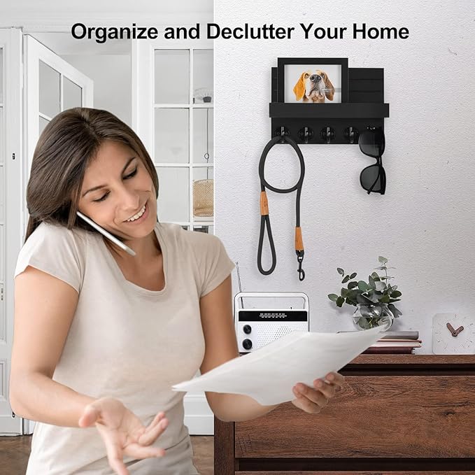 Key Holder for Wall, Decorative Key and Mail Holder with Shelf Has Large Hooks for Bags, Coats, Umbrella – Paulownia Wood Key Hanger with Mounting Hardware (9.8”W x 6.7”H x 4.2”D)