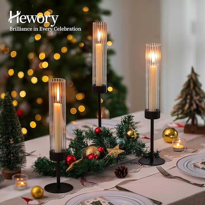 Hewory Black Taper Candle Holders: Candlestick Holders Set of 6 Hurricane Glass Tall Candle Holder for Candlesticks Candle Sticks Holder Decor for Table Centerpiece Wedding Party Christmas Decorations