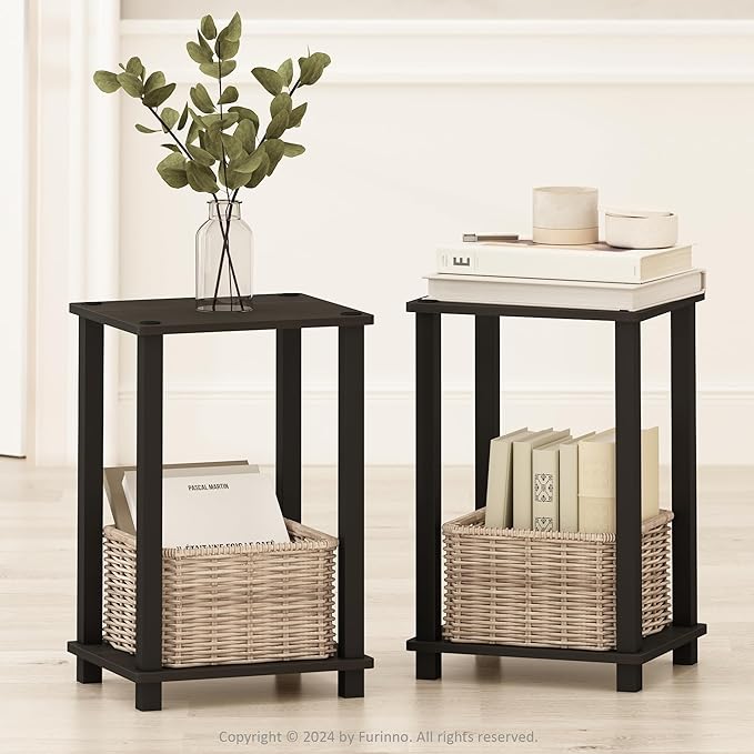 Furinno Simplistic Night Stand Set of 2, 2-Tier Small Nightstand with Open Shelf, Toolless Bedside Table, End Table, Side Table, for Bedroom, Living Room, Espresso