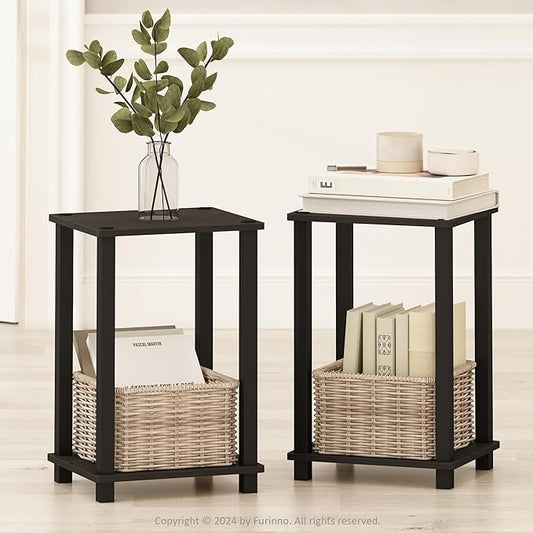 Furinno Simplistic Night Stand Set of 2, 2-Tier Small Nightstand with Open Shelf, Toolless Bedside Table, End Table, Side Table, for Bedroom, Living Room, Espresso