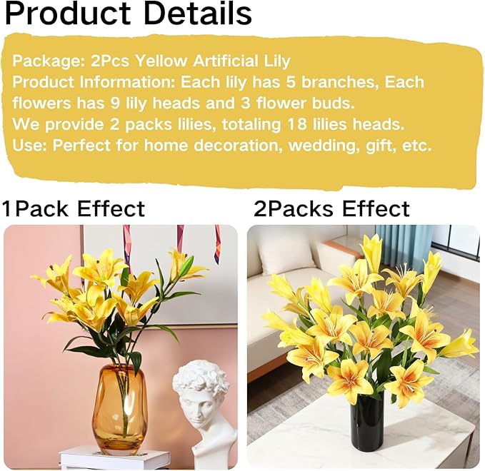ASTRYAS 18 Heads Artifical Lilies Flowers, Yellow Fake Lily with 9 Heads Full Bloom Lily & 3 Buds-Faux Lilies Bouquets for Home Hotel Flower Arrangement Party Decoration(2, Bright Yellow)