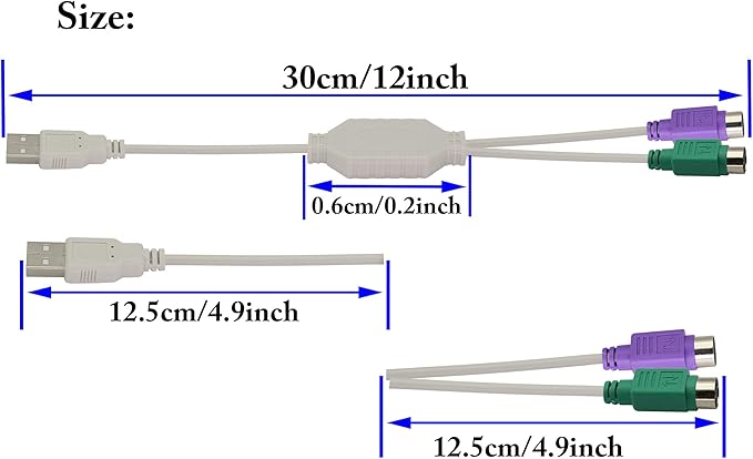 zdyCGTime 12Inch White PS/2 to USB Adapter Keyboard Mouse Converter Cable,USB Male to Dual PS2 Female Y Splitter Cable,Support Win98/ME/2000/XP/7/8/8.1,etc.(30cm/1Pack)