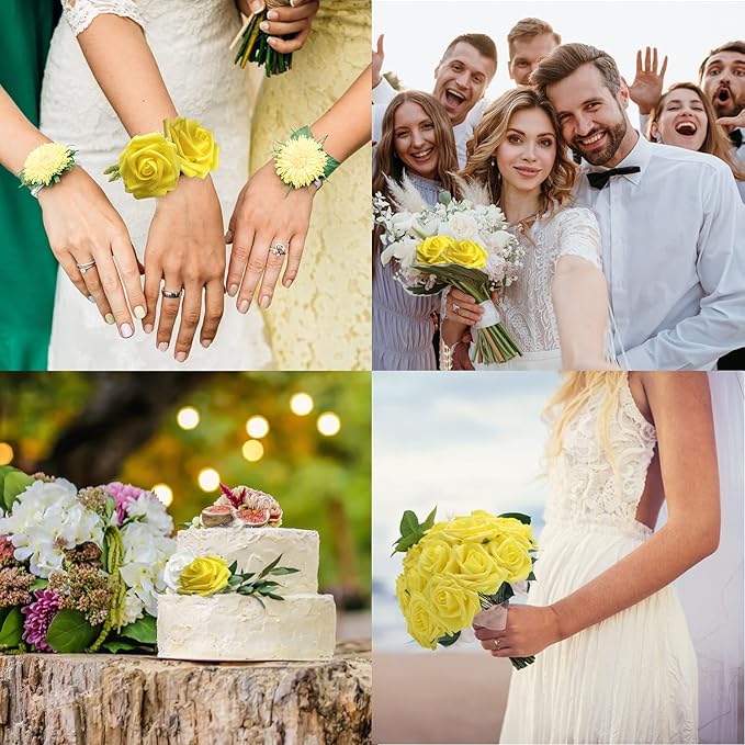 JOYLEX Artificial Flowers Realistic Roses, 25pcs Real Looking Fake Roses with Stem for DIY Wedding Bouquets Centerpieces Bridal Shower Party Home Romantic Decorations (Yellow)