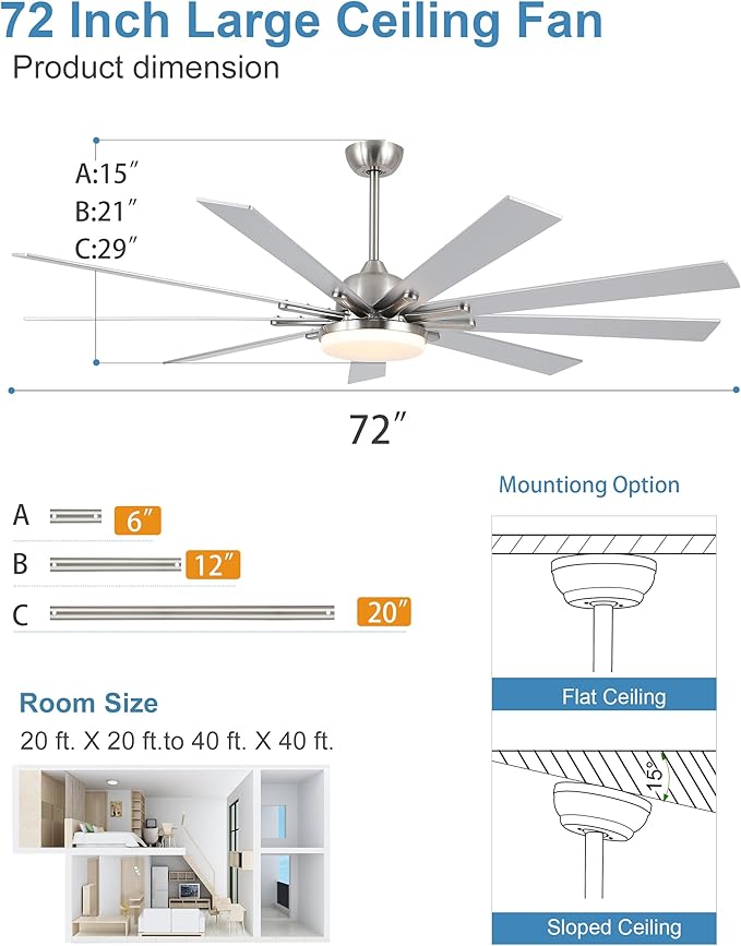 72 Inch Ceiling Fans with Lights,Large Modern Ceiling fan with Remote and 9 Wooden Blades,Dimmable,6 Speeds,Noiseless Reversible Indoor&Outdoor Fan for Bedroom,Patio,Living Room