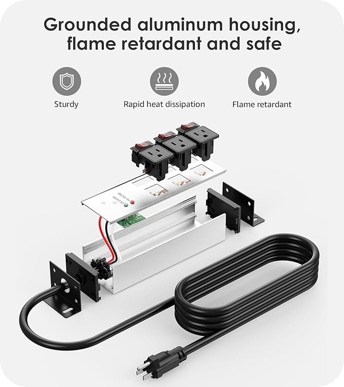 CCCEI 3 Outlet Heavy Duty Surge Protector Power Strip 20 Amp Individual Switches. 12 Gauge Extension Cord, Overload, Ground Protection. Garage Wall Mount Electric Extender, 10FT, Silver.