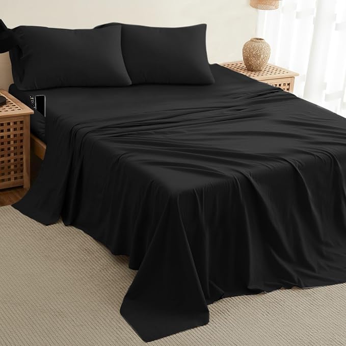DREAMCARE California King Sheet Sets – 4 pcs Cooling Sheets – up to 21” Deep Cal King Sheets – Hotel Luxury Pillowcases – Superior Softness 100% Fine Microfiber with Side Pocket – Black
