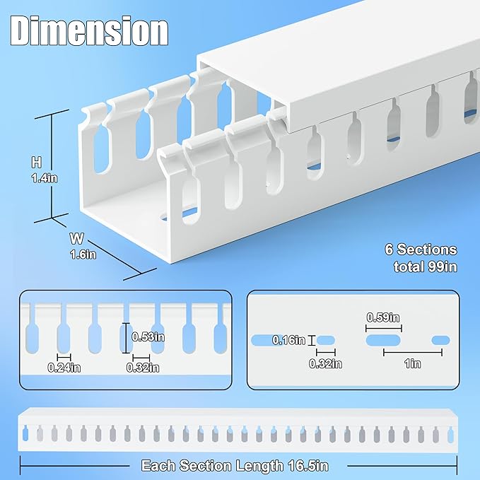 ZhiYo 99in(6X L16.5in) Server Rack Cable Management Raceway, H1.4in x W1.6in Cable Raceway Kit, Electrically Safe PVC Open Slot Wire Raceway for Under Desk/Computer/Network Cords, White