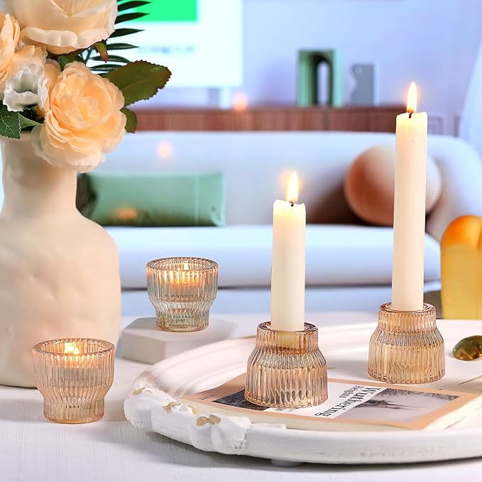 12pcs Gold Glass Candlestick Holders, Taper Candle Holders Tea Light Candle Holder for Wedding Centerpieces Table Decorations, Votive Candle Holders for Table Decor