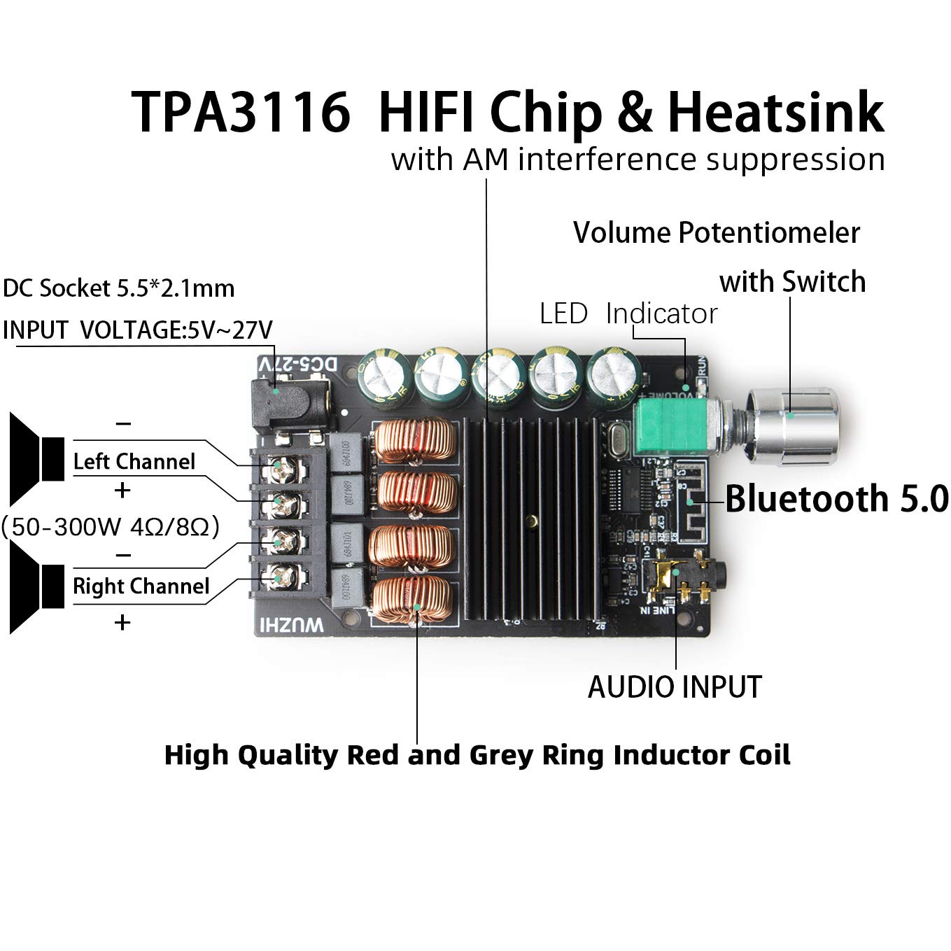 ZK-1002 Bluetooth Amplifier Board with TPA3116D2 Chip - Bluetooth and AUX Input, DC: 5-24V