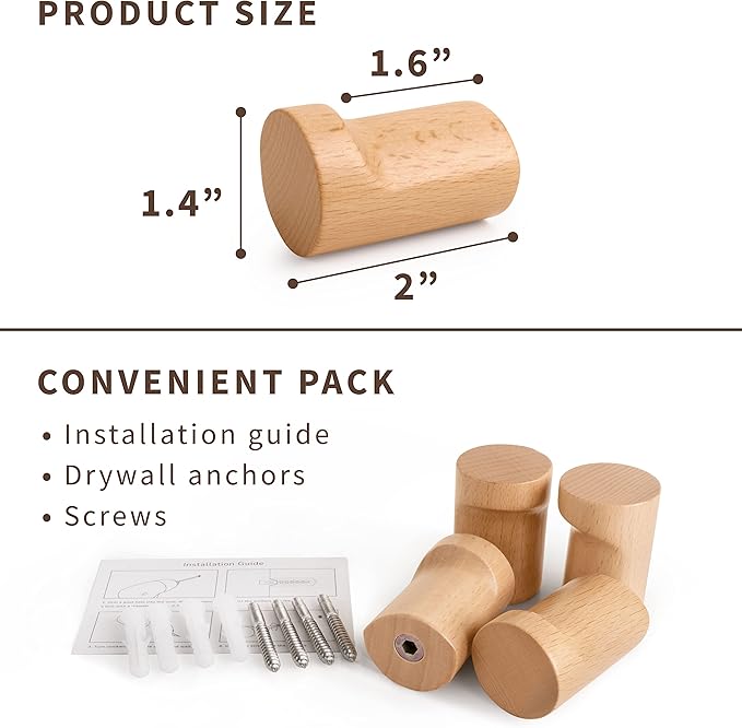 Natural Wooden Wall Hooks - Pack of 4 - Wall Mounted Hook - Modern Wood Coat Rack - Decorative Wooden Pegs for Hanging Hat, Towel, or Purse (Beech Wood)