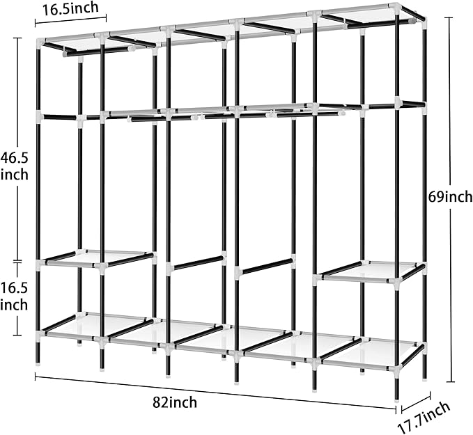 LOKEME Portable Closet, Great Size 82-Inch Portable Wardrobe with 5 Hanging Areas and 10 Storage Shelves for Hanging Clothes, Extra Sturdy 25mm Steel Tube and Easy to Assemble, Grey