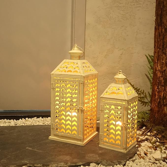 DECORKEY LED Lantern Decorative Indoor & Outdoor, Set of 2 (18' & 13') Metal Candle Lanterns, Vintage Hanging Candle Holder for Front Porch, Patio, Wedding, Farmhouse Home, Christmas Decoration