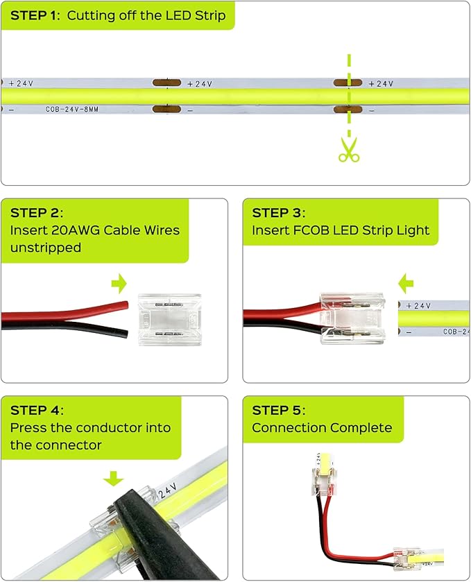 JACKYLED 8mm 2Pin FCOB COB LED Light Strip Connectors Kit, 16pcs Transparent Connectors & 5pcs 15cm Long 22AWG Extension Wires for Gapless Connection, FCOB 2 pin Single Color Strip Corner Connection