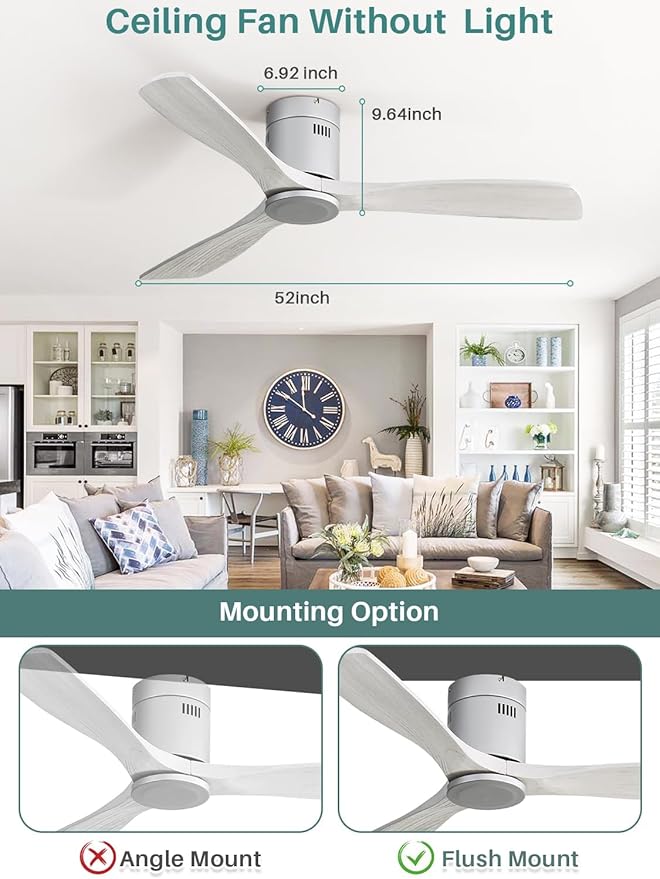 Sofucor 52 Inch Smart Ceiling Fan Without Lights Flush Mount Solid Wood Ceiling Fan with Alexa/Google Assistant/APP/Remote Control-Modern Outdoor Ceiling Fans No Light for Bedroom/Patio, Silver Grey
