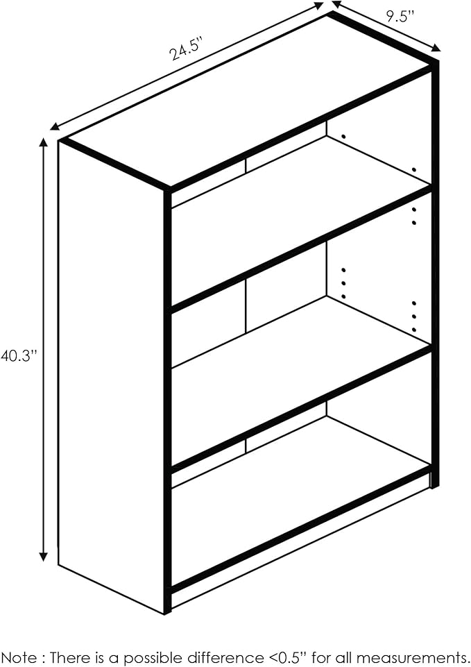 Furinno JAYA Book Shelf, 3-Tier Bookshelf, Bookcase with Adjustable Shelves, 9.5 x 24.5 x 40.3, for Living Room, Bedroom, Home Office, Columbia Walnut