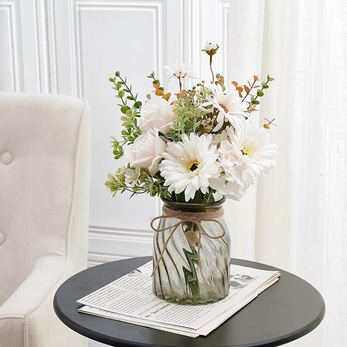 Fake Flowers Artificial Daisy Rose with Vase, Faux Silk Flowers Fake Plant Decor for Home Office, Kitchen Dining Table Centerpiece, Bathroom Shelf Decor