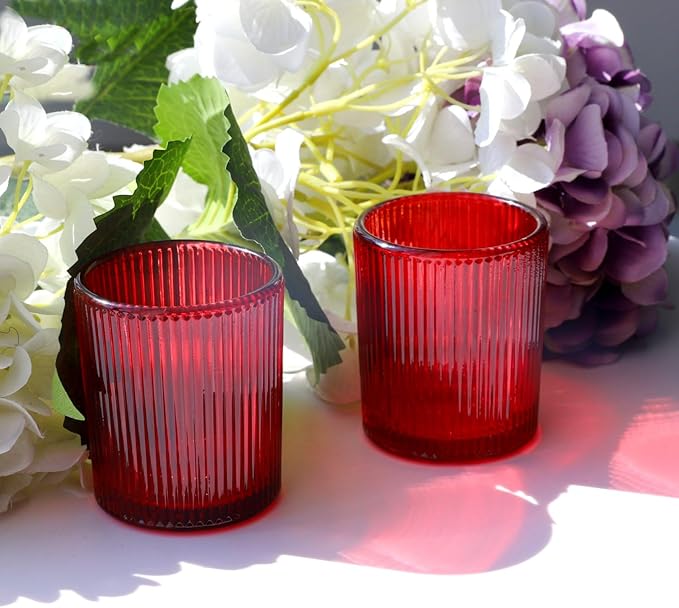 VOHO Red Candle Holders Set of 12, Ribbed Glass Votive Candle Holders Bulk for Holiday/Party Decorations, Tea Lights Candle Holder Wedding Centerpieces for Tables
