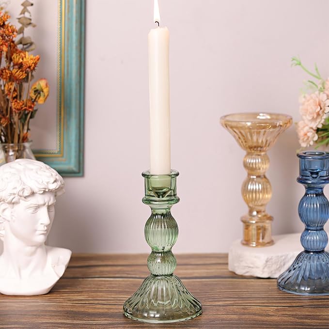 DARJEN 2 Pcs Green Candlestick Holders - Vertical Stripe Glass Candle Holders for Taper and Votive Candles, Taper Candle Holder for Home, Wedding, Decor & Table Centerpieces