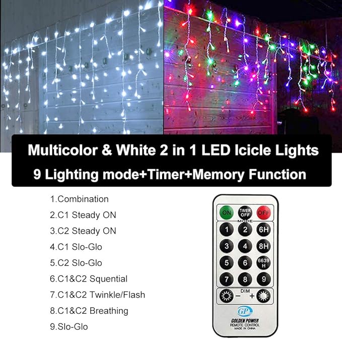 Toodour Christmas Icicle Lights Outdoor, 2 in 1 White & Multicolor Color Changing Icicle Lights with 60 Drops, 29.5ft 360 LED Christmas Light Fairy Twinkle Light for Wedding Home Outdoor Xmas Decor