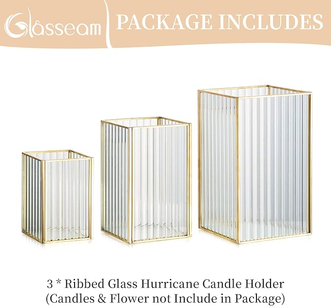 Glasseam Hurricane Glass Candle Holder: Ribbed Gold Pillar Candle Holders Set of 3 Square Metal Candle Holders for Table Centerpiece Modern Small Lanterns Decorative Indoor for Christmas Wedding Decor