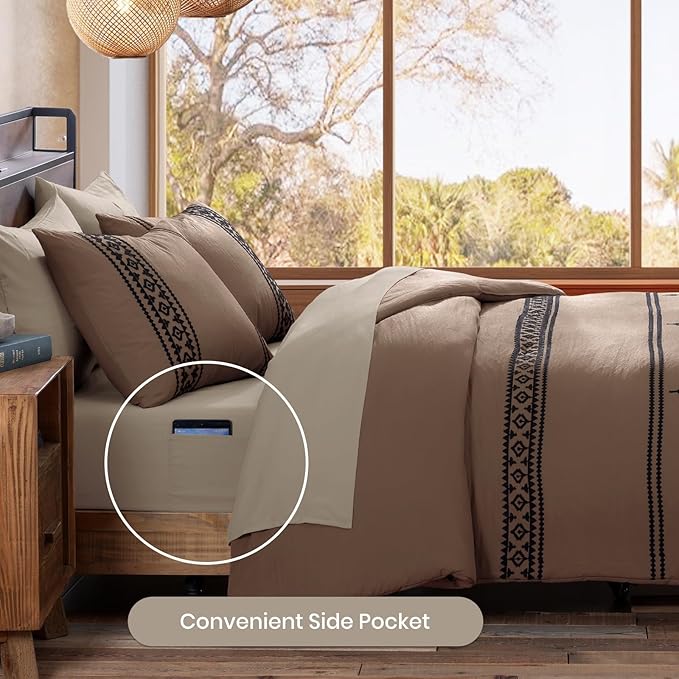 MaiRêve Embroidery King Size Comforter Set Brown, Boho Farmhouse Western Bedding Set 7 Pieces, All Season Bed in A Bag Comforter Set with Sheets, Pillowcases & Shams