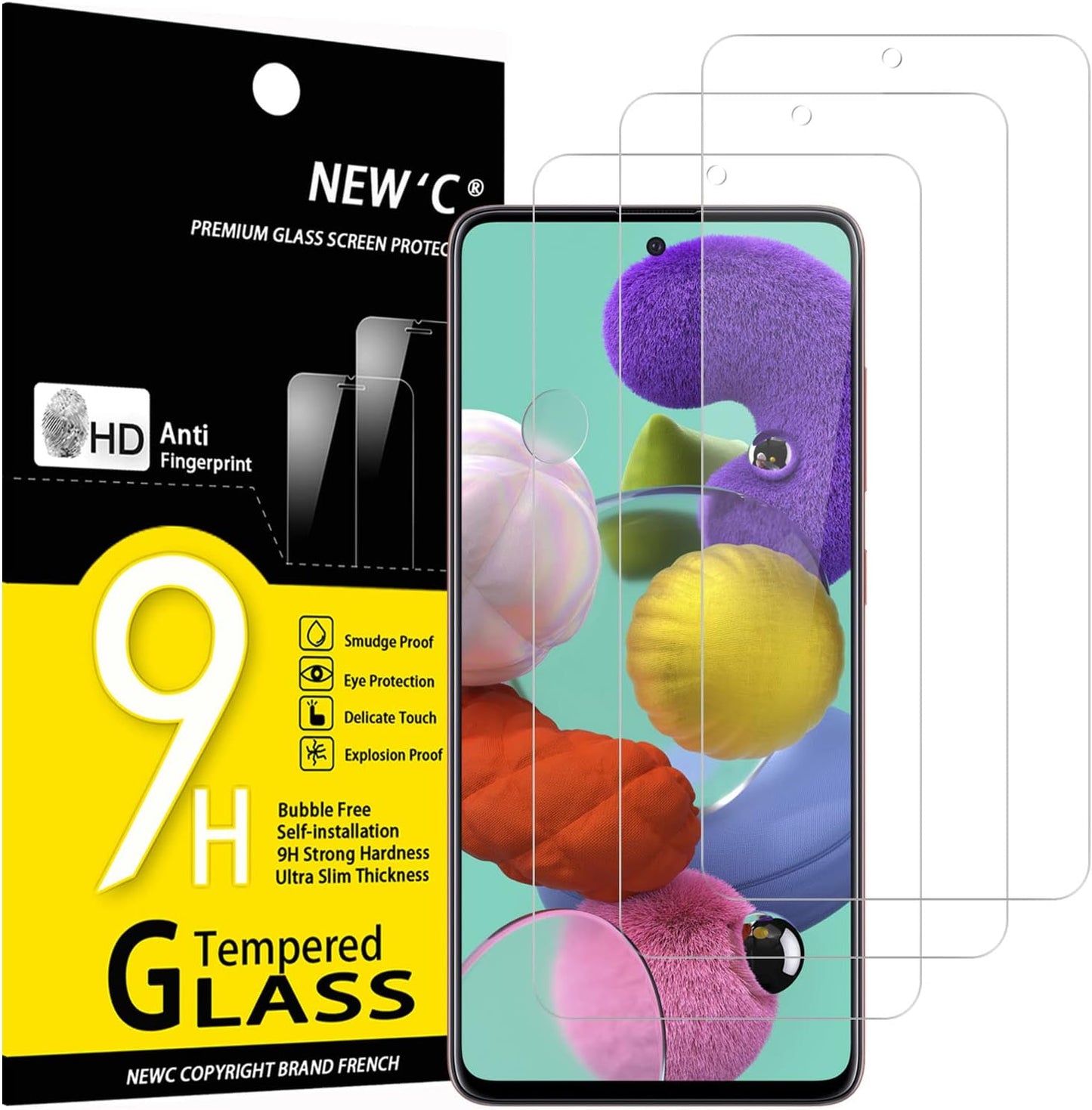 NEW'C Tempered Glass Screen Protector for Samsung Galaxy A51 - 3 Pack, Case Friendly, Anti-Scratch, Bubble Free, Ultra