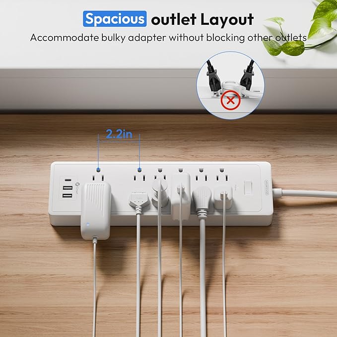 25Ft Extension Cord, NTONPOWER Long Cord Power Strip with 12 Outlet 3 USB(1 USB C), 2100 Joules Surge Protector, 1875W/15A, Overload Protection, Wall Mount for Home Office, Workbench, Garage, White