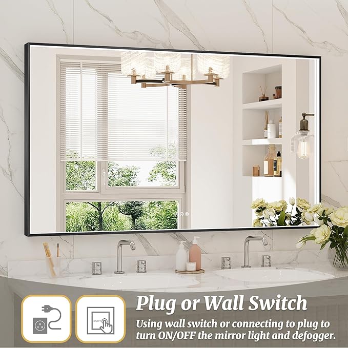 55x32 Inch LED Bathroom Mirror, Black Metal Framed Lighted Mirror for Bathroom, Wall Mouted LED Vanity Mirror with Lights, 3 Colors and Stepless Dimmable, Anti-Fog, Memory
