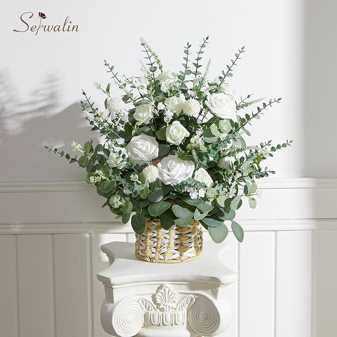 Serwalin 100 Pcs 7 Kinds Mixed Artificial Eucalyptus Leaves Stems Bulk with Flowers Faux Silver Dollar Eucalyptus Stmes Greenery Branches for Wedding Floral Arrangement Centerpieces Home Decor