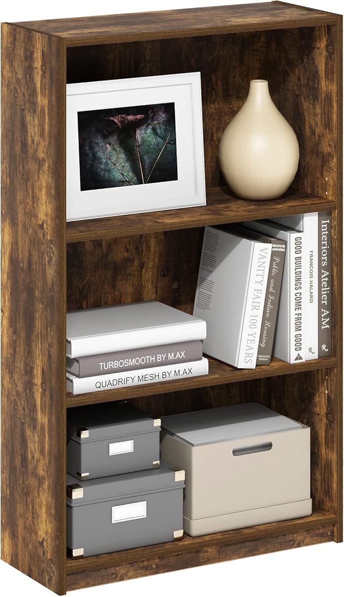 Furinno JAYA Book Shelf, 3-Tier Bookshelf, Bookcase with Adjustable Shelves, 9.5 x 24.5 x 40.3, for Living Room, Bedroom, Home Office, Amber Pine