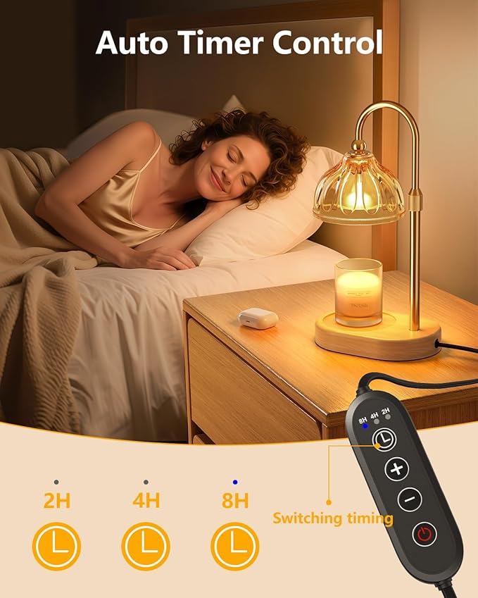Candle Warmer Lamp, Wax Melt Warmer with Timer Dimmer, Height Adjustable, Amber Lampshade, Includes 2 Bulbs, Birthday Gifts for Women, Mom, Christmas, Housewarming