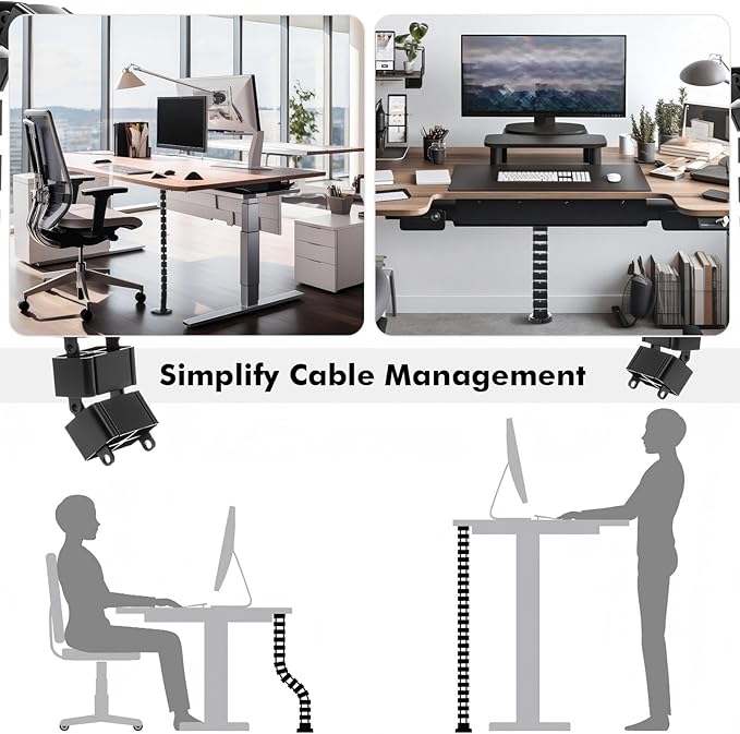 Yaomiao 2 Pack Under Desk Vertebrae Cable Management Kit Standing Desk 48 Inch Adjustable Quad Entry Flexible Cord Organizer with Ties, Stick-on Clips Cable Management Set for Home User Office Worker
