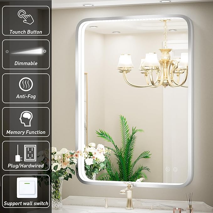 24x36 Inch LED Bathroom Mirror with Lights,Silver Metal Framed Brushed Lighted Vanity Mirror,Antifog Stepless Dimmable,Wall Mounted(Horizontal/Vertical)