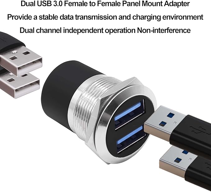 Dual USB 3.0 Panel Mount Adapter USB Type A Dual Female to 2 Female Coupler Threaded Fixed Bulkhead Mount Embedded Round Pass Though Connector for Data Transfer/Charging -Silver (Round)