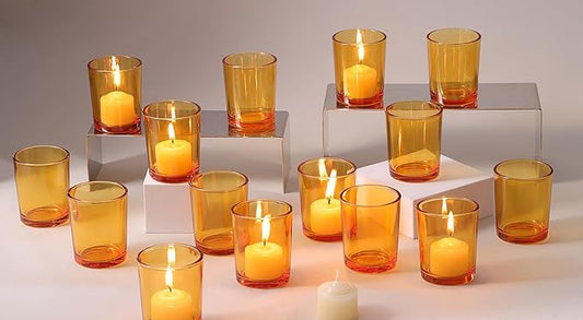 LETINE 36pcs Amber Votive Candle Holders - Glass Tea Light Candle Holders for Fall Table Decor,Boho Wedding Centerpieces, Boho Decor, Ideal for Halloween & Thanksgiving Decorations Indoor