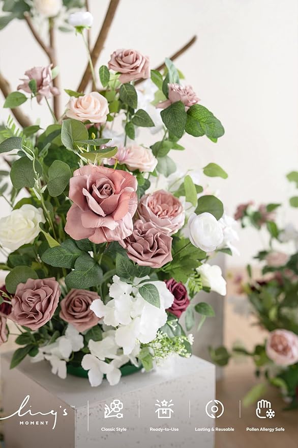 Ling's moment 41" Tall Free Standing Artificial Flowers Arrangements 2 pcs Wedding Arch Altar Stage Decorations Dusty Rose & Cream for Ceremony Reception Church Backdrop Outdoor Aisle Floral Party