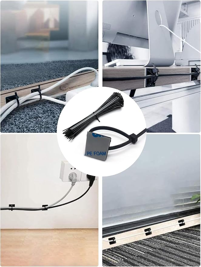 Cable Management Kit - 100 Set Adhesive Cable Zip Tie Mounts with 8" Zip Ties | UV Resistant Wire Organizers for Indoor/Outdoor Use - White